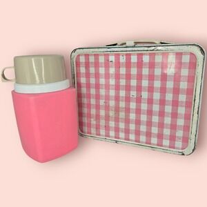 VTG Pink Plaid Lunchbox THERMOS DIVISION KING-SEELEY THERMOS CO Thermos Included